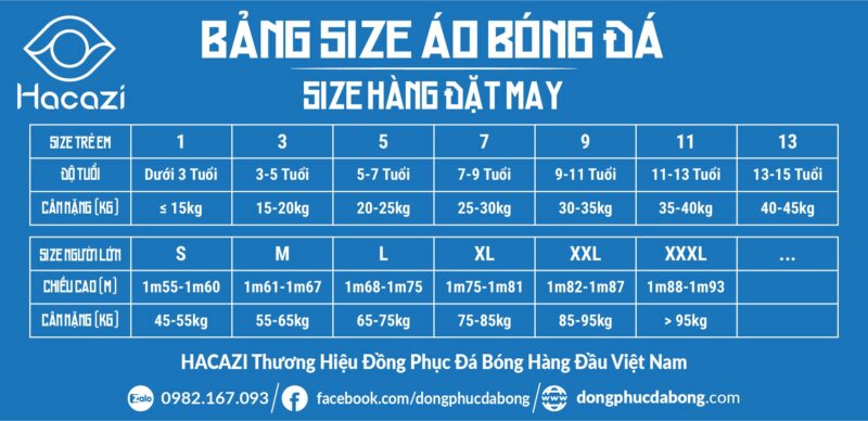 Bảng size áo bóng đá trẻ em