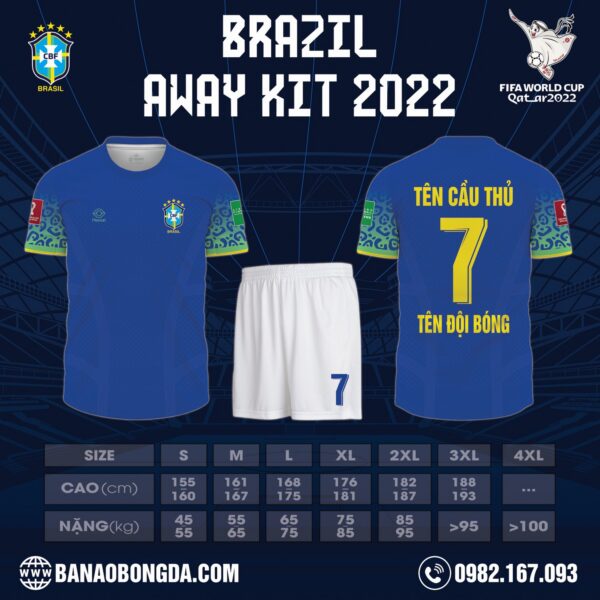 Hình ảnh Mẫu Áo Đội Tuyển Brazil Sân Khách World Cup 2022 Đẹp. Với việc sử dụng màu xanh bích làm màu chủ đạo cho chiếc áo đấu mang đến sự tươi mát, dễ chịu trong mắt người nhìn. Trên toàn bộ bề mặt áo in chìm bản họa tiết mặt lưới cùng hình ảnh chiếc thang 2 bên thân áo. Độc đáo hơn với họa tiết trừu tượng trên ống tay với sự kết hợp giữa màu xanh ngọc nhạt và xanh bích. Cùng với những chi tiết tinh tế khác làm điểm nhấn hoàn thiện mẫu áo đấu. Shop Hacazi Sport đã tạo ra một sản phẩm thể thao bóng đá mới đầy ấn tượng dành cho mùa giải World Cup 2022 sắp tớ