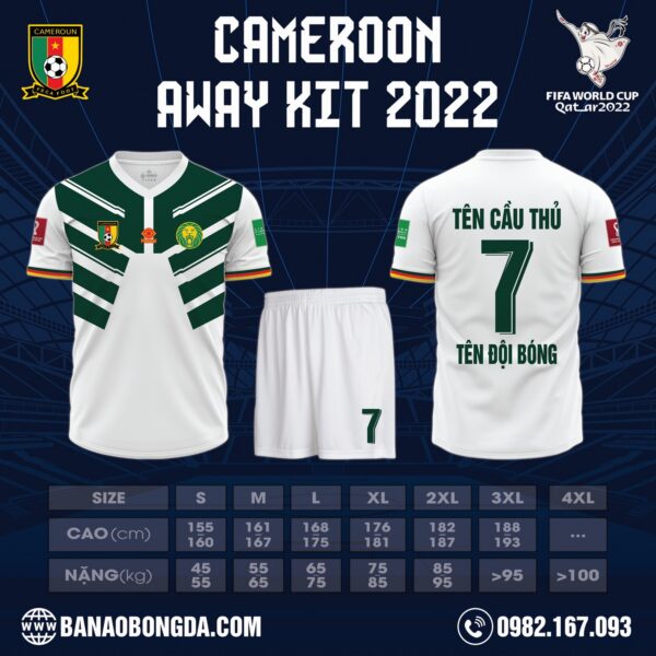 Hình ảnh Mẫu Áo Đội Tuyển Cameroon Sân Khách World Cup 2022 Đẹp. Với sự kết hợp độc đáo giữa màu trắng chủ đạo cùng với các chi tiết tinh tế xanh két nổi bật trên áo.Phần thân áo được thể hiện một bản họa tiết những vết nhỏ phân bố đều khắp với kích thước khác nhau. Ấn tượng với họa tiết trên ống tay áo nhìn giống hình ảnh bộ lông hổ độc đáo. Thiết kế với form dáng áo chuẩn Châu Á, chất liệu vải may cao cấp mang đến sự thoải mái nhất cho người mặc. Shop Hacazi Sport đã tạo ra một sản phẩm thể thao bóng đá mới đầy ấn tượng dành cho mùa giải World Cup 2022 sắp tới.