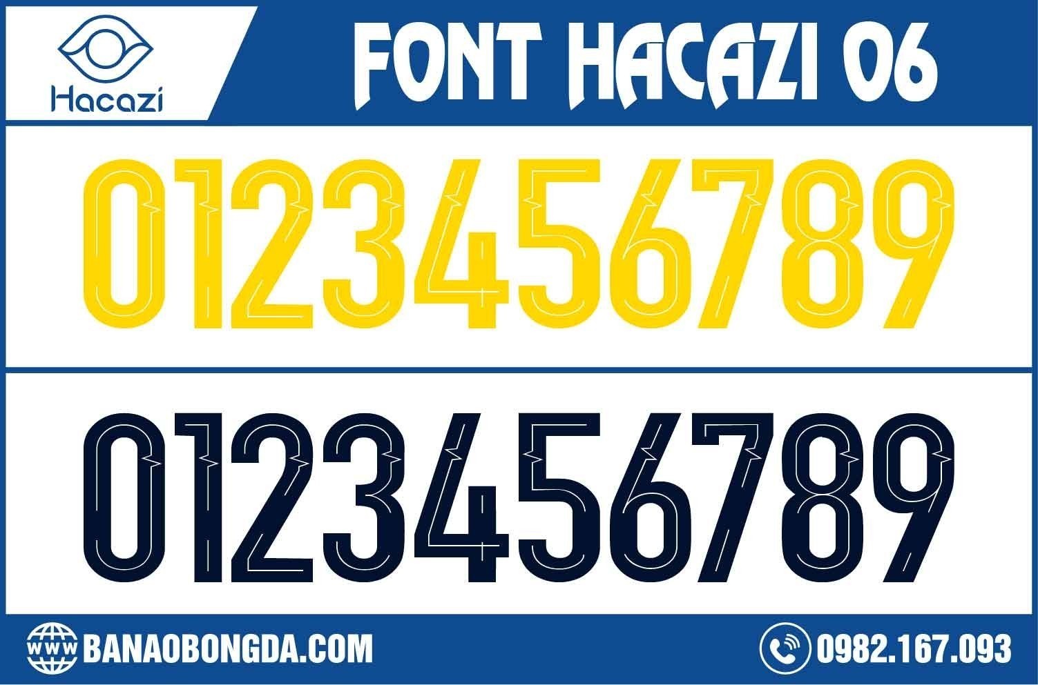  Với đường nét mảnh nhỏ hơn so với những font số được giới thiệu trước đó. Mẫu font số áo bóng đá 06 này sở hữu 2 màu sắc đối lập nhau đó chính là màu vàng và tím than. Làm phong phú sự lựa chọn theo sở thích của từng khách hàng. 