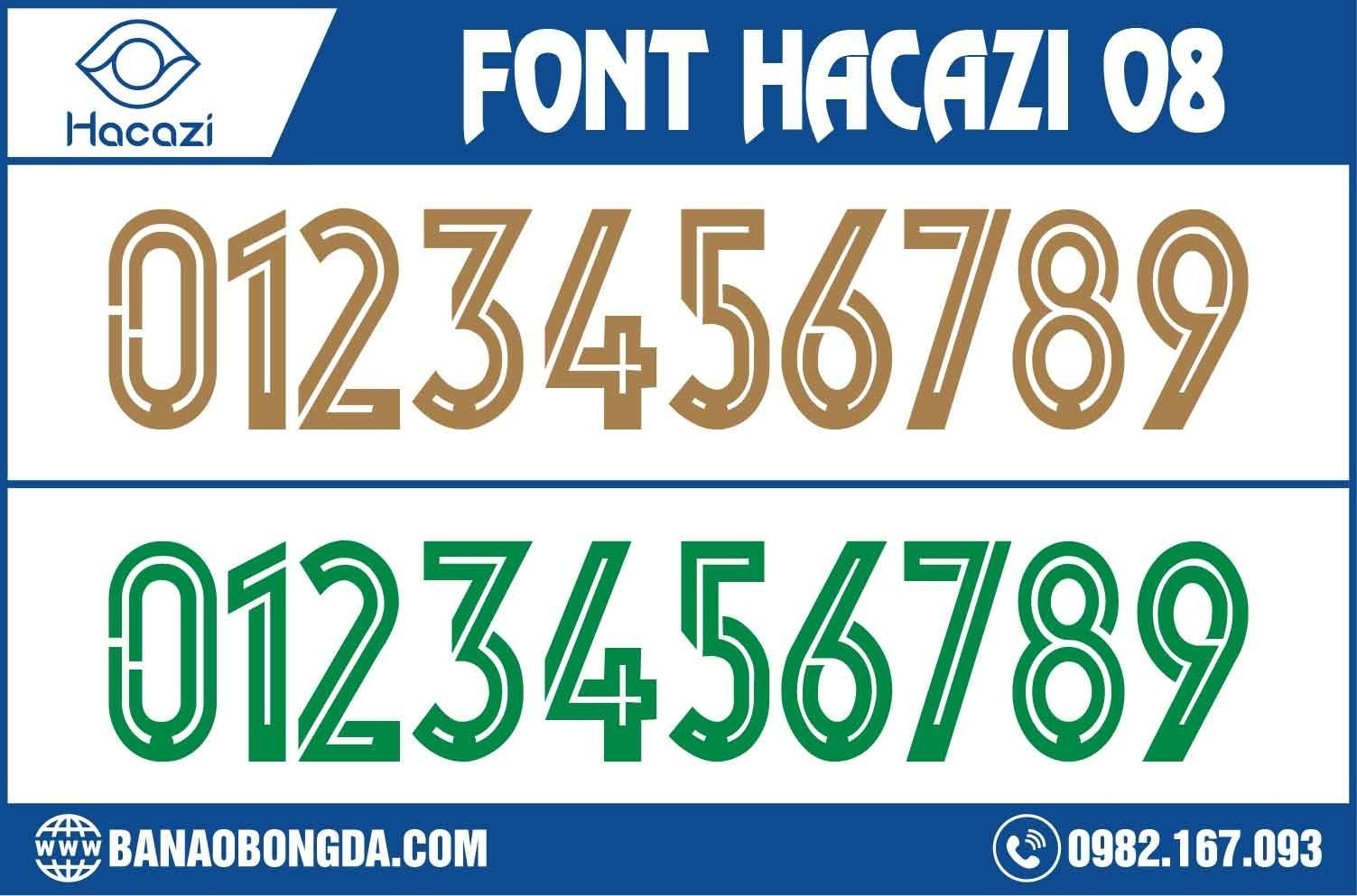 Nếu bạn đang muốn chiếc áo đấu của bạn trở lên đặc biệt và hấp dẫn. Hãy thử thay đổi với bộ font số áo bóng đá số 08 nằm trong bộ sưu tập mới nhất này của shop Hacazi Sport nhé. Với những đường nét sáng tạo, cùng màu vàng đồng và xanh két chắc chắn sẽ khiến bạn hài lòng về sự phối hợp này.