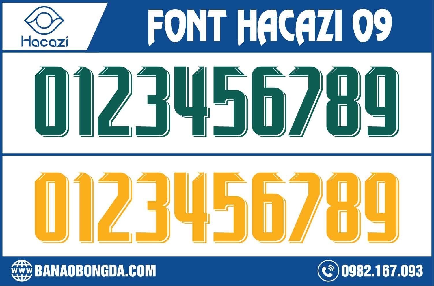 Mẫu font số áo bóng đá 09 được Hacazi Sport thiết kế đơn giản nhưng lại vô cùng nổi bật bởi gam màu vàng đậm và xanh Liver mới lạ. Chắc chắn mẫu font số này sẽ không khiến bạn thất vọng.