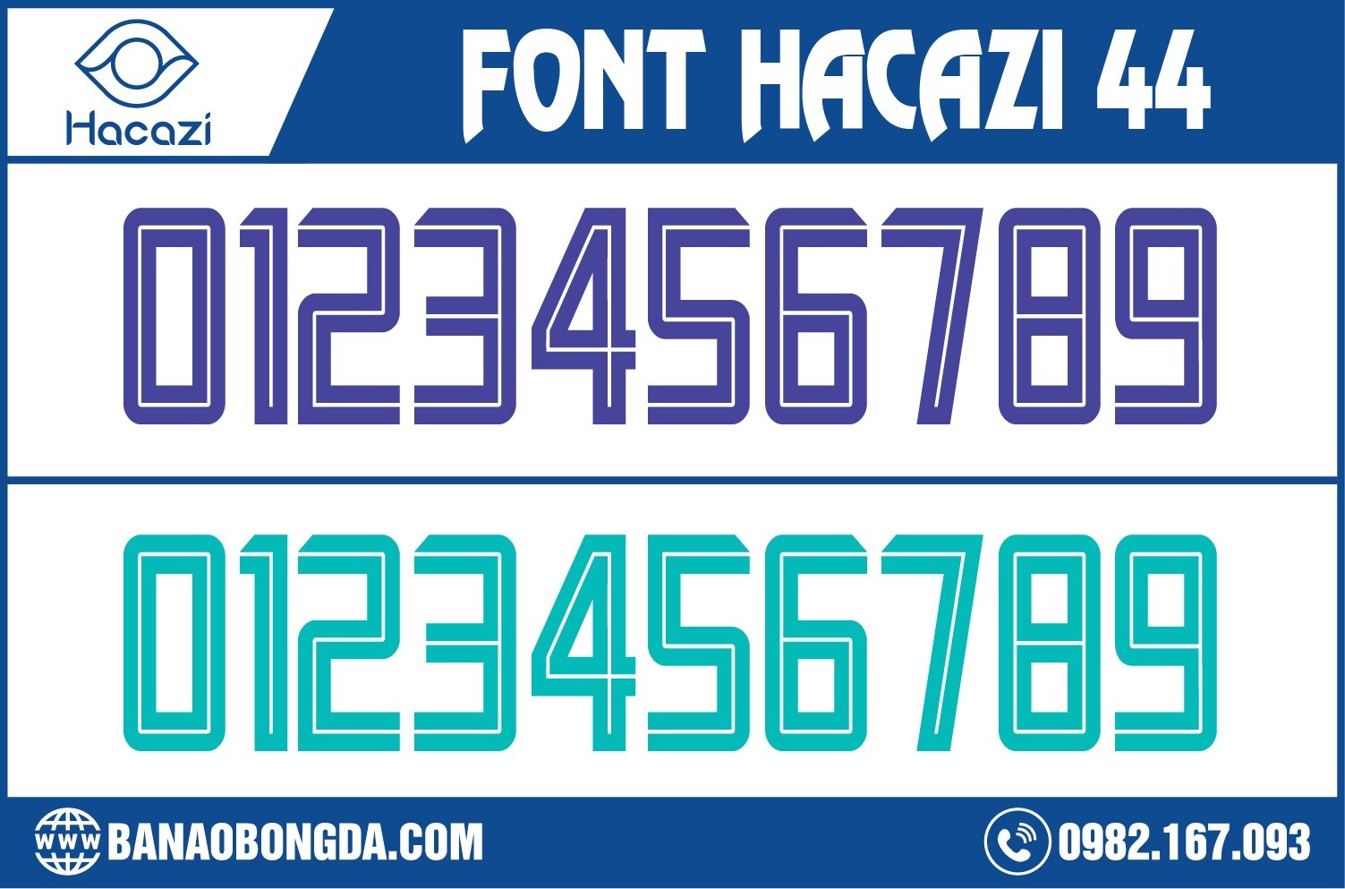 Thêm một kiểu font số với kiểu dáng đơn giản nhưng vẫn có thêm những nhấn nhá nhất định trên mẫu với hai gam màu xanh và tím. Và bạn hãy nhanh tay sở hữu cho mình bộ font số áo bóng đá 44 đặc biệt tại Hacazi Sport nhé! 
