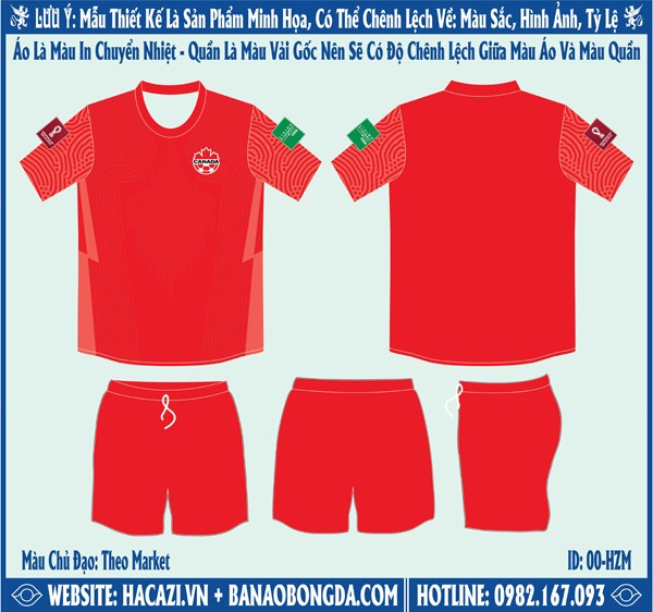 Hình ảnh market áo đội tuyển Canada World Cup Sân Nhà 2022 Màu Đỏ Nổi Bật.  Đây là thiết kế nằm trong bộ sưu tập mới nhất được ra mắt trước thềm giải World Cup bởi shop Hacazi Sport. Tổng thể bộ trang phục mang màu đỏ chủ đạo mang đến sự nổi bật, rực rỡ thu hút mọi ánh nhìn. Ấn tượng với những họa tiết độc lạ có 1 không 2 bên thân và trên ống tay áo. Thiết kế có form dáng chuẩn Châu Á, sử dụng chất liệu vải may cao cấp mang đến sự thoải mái nhất cho người mặc. Nếu yêu thích mẫu áo này thì nhanh tay liên hệ với chúng tôi để sở hữu ngay thôi nào!