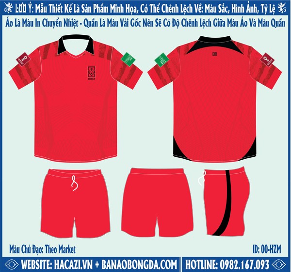 Mẫu market áo đội tuyển Hàn Quốc Sân Nhà 2022 World Cup World Cup Màu Đỏ Đậm Ấn Tượng. Với việc sử dụng màu đỏ đậm làm màu chủ đạo cho tổng thể bộ trang phục mang đến sự mới lạ, cuốn hút mọi ánh nhìn. Trên phần thân áo xuất hiện bản họa tiết những đường vệt nhỏ mặt trước cùng dạng mặt lưới phía sau được in chìm ẩn hiện. Nổi bật nhất trên áo đấu chính là họa tiết những loang màu trên vai và ống tay áo. Chưa hết với cổ áo polo mặt trước cắt chữ V hiện đại kết hợp với mảng màu dưới cổ ở mặt sau áo. Shop Hacazi Sport đã tạo ra một sản phẩm thể thao bóng đá mới đầy ấn tượng dành cho mùa giải World Cup 2022 sắp tới.      