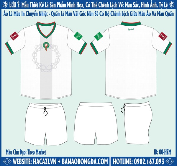 Mẫu market áo đội tuyển Morocco Sân Khách World Cup 2022  - Phiên Bản Mới Nhất. Đây là thiết kế nằm trong bộ sưu tập mới nhất được ra mắt trước thềm giải World Cup bởi shop Hacazi Sport. Màu trắng được sử dụng làm màu chủ đạo cho áo đấu. Thiết kế tập trung vào chi tiết điểm nhấn trên cổ áo và đường bo ống tay với đường viền to màu xanh liver kết hợp đường viền nhỏ màu đỏ nổi bật. Mặt trước áo đấu còn xuất hiện đường sọc dọc màu xám trắng nhạt nằm trên trung tâm áo cùng với họa tiết vòng tròn kết nơ chính giữa áo. Nếu yêu thích mẫu áo này thì nhanh tay liên hệ với chúng tôi để sở hữu ngay thôi nào!