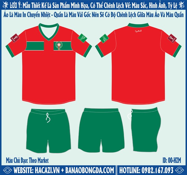 Mẫu market áo đội tuyển Morocco sân nhà World Cup 2022 Màu Đỏ Phối Xanh Live. Với việc sử dụng màu đỏ làm màu chủ đạo cho áo đấu mang đến sự rực rỡ, nổi bật cuốn hút mọi ánh nhìn. Trên phần thân áo xuất hiện chi tiết sọc ngang trên ngực. Nó có màu xanh liver và bị ngắt quãng ở trung tâm. Thiết kế cổ chữ V cùng đường bo ống tay áo có màu xanh liver mang đến sự hài hòa đầy cuốn hút cho chiếc áo đấu. Shop Hacazi Sport đã tạo ra một sản phẩm thể thao bóng đá mới đầy ấn tượng dành cho mùa giải World Cup 2022 sắp tới.