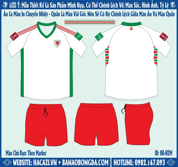 Hình ảnh market áo đội tuyển Wales World Cup sân khách 2022 Màu Trắng Đẹp Nhất. Với sự kết hợp hài hòa giữa màu trắng chủ đạo của áo đấu cùng với màu xanh két và đỏ được sử dụng để tạo điểm nhấn. Nổi bật nhất trên áo đấu là các mảng màu và họa tiết bên thân cùng với thiết kế cổ áo chữ V độc đáo mới lạ. Form dáng áo chuẩn Châu Á, chất liệu vải may cao cấp mang đến sự thoải mái nhất cho người mặc. Shop Hacazi Sport đã tạo ra một sản phẩm thể thao bóng đá mới đầy ấn tượng dành cho mùa giải World Cup 2022 sắp tới. 