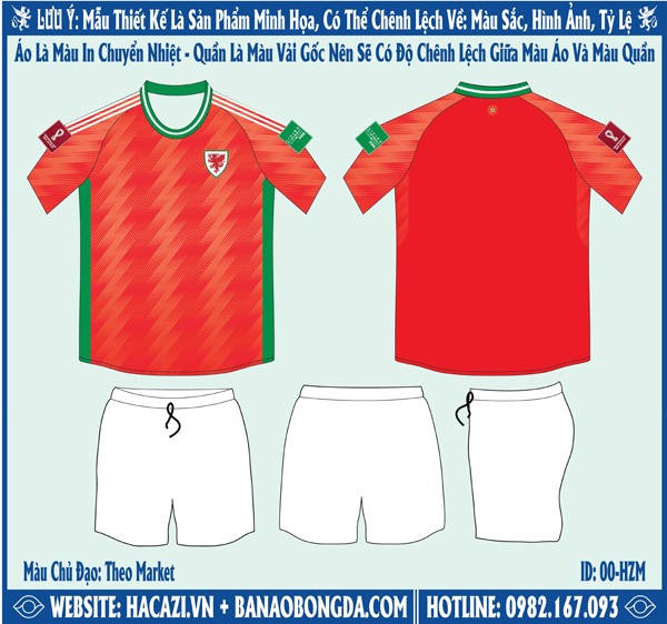 Hình ảnh mẫu market áo đội tuyển Wales World Cup sân nhà 2022 Màu Đỏ Cuốn Hút. Với sự kết hợp của màu đỏ chủ đạo của áo đấu cùng với màu xanh két và trắng được sử dụng để tạo điểm nhấn. Nổi bật nhất trên áo đấu là các đường sọc dọc độc đáo được sáng tạo giống hình tia chợp với 2 sắc thái của màu đỏ đan xen nhau trên mặt trước và ống tay áo. Với cổ áo tròn đơn giản, form dáng áo chuẩn Châu Á, chất liệu vải may cao cấp mang đến sự thoải mái nhất cho người mặc. Shop Hacazi Sport đã tạo ra một sản phẩm thể thao bóng đá mới đầy ấn tượng dành cho mùa giải World Cup 2022 sắp tới.  