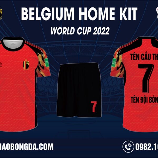Hình ảnh Mẫu Áo Đội Tuyển Bỉ Sân Nhà World Cup 2022 Đẹp. Với việc sử dụng màu đỏ làm màu chủ đạo cho chiếc áo đấu mang đến sự nổi bật cho người nhìn. Trên toàn bộ bề mặt áo có họa tiết được in chìm toàn thân áo trước và sau. Độc đáo hơn với from cổ áo tròn, ống tay bo chun cùng với các họa tiết trìu tượng. Cùng với những chi tiết tinh tế khác làm điểm nhấn hoàn thiện mẫu áo đấu. Shop Hacazi Sport đã tạo ra một sản phẩm thể thao bóng đá mới đầy ấn tượng dành cho mùa giải World Cup 2022 sắp tới