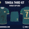 Hình ảnh Áo Tunisia World Cup 2022 Bộ Thứ Ba Màu Xanh Liver Tự Thiết Kế Độc Đáo. Với việc sử dụng màu xanh liver đậm làm màu chủ đạo cho áo đấu mang đến sự mới lạ, tươi mát cuốn hút mọi ánh nhìn. Độc đáo với bản họa tiết trên mặt trước áo với những hoa văn cùng vị thần Ai Cập cổ điển thần thoại có màu camo napoli. Thiết kế cổ áo tròn cùng ống tay áo raglan và các đường bo tay bo đuôi áo, các chi tiết tinh tế khác có màu vàng mỡ gà nhạt đã hoàn thiện vẻ bề ngoài áo đấu hài hòa đầy cuốn hút. Shop Hacazi Sport đã tạo ra một sản phẩm thể thao bóng đá mới đầy ấn tượng dành cho mùa giải World Cup 2022 sắp tới.
