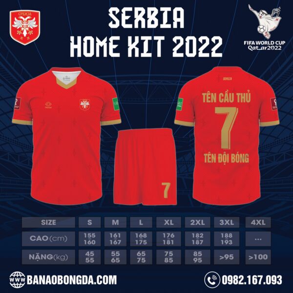 Mẫu áo đội tuyển Serbia sân nhà World Cup 2022 Màu Đỏ Siêu Đẹp Siêu Chất Lượng. Đây là thiết kế nằm trong bộ sưu tập mới nhất được ra mắt trước thềm giải World Cup bởi shop Hacazi Sport. Màu đỏ được sử dụng làm màu chủ đạo cho tổng thể bộ trang phục thi đấu. Một bản họa tiết in chìm hoa văn trừu tượng được phân bố đều trên toàn bộ bề mặt áo đấu. Những điểm nhấn đáng chú ý khác bằng màu vàng đồng trên cổ áo và đường bo ống tay. Nếu yêu thích mẫu áo này thì nhanh tay liên hệ với chúng tôi để sở hữu ngay thôi nào!
