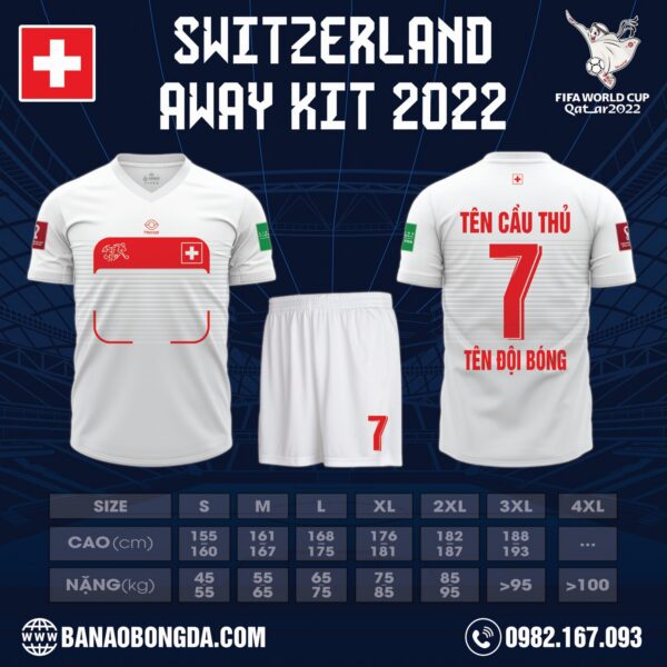 Mẫu áo đội tuyển thủy sĩ sân khách World Cup 2022 Màu Trắng Phối Màu Đỏ Cuốn Hút. Đây là thiết kế nằm trong bộ sưu tập mới nhất được ra mắt trước thềm giải World Cup bởi shop Hacazi Sport. Màu trắng được sử dụng làm màu chủ đạo cho tổng thể bộ trang phục thi đấu. Một bản họa tiết những đường kẻ ngang nhỏ có màu xám trắng trên phần ngực áo trên cả mặt trước và mặt sau áo. Điểm nhấn ấn tượng khác chính là họa tiết một hình chữ nhật trống được sáng tạo mới lạ. Nếu yêu thích mẫu áo này thì nhanh tay liên hệ với chúng tôi để sở hữu ngay thôi nào!