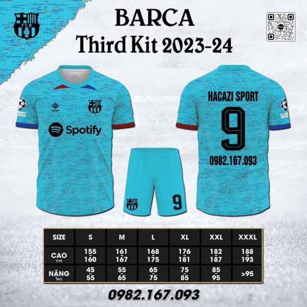 Áo Clb Barca Thứ 3 Chuẩn 23-24 Màu Xanh Ya